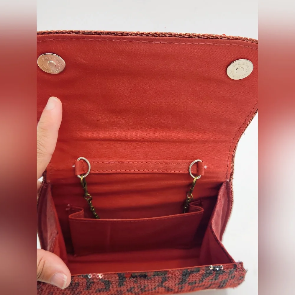 Vintage Red & Black Sequin Clutch In Abstract Pattern Convertible Chain Strap